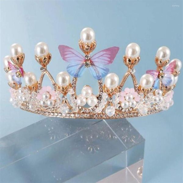 Pinces à cheveux Diadèmes et couronnes de couleur or Perles de papillon Cristal fait à la main Enfants Couronne Pographie Fête pour enfants Femmes Princesse Di178T