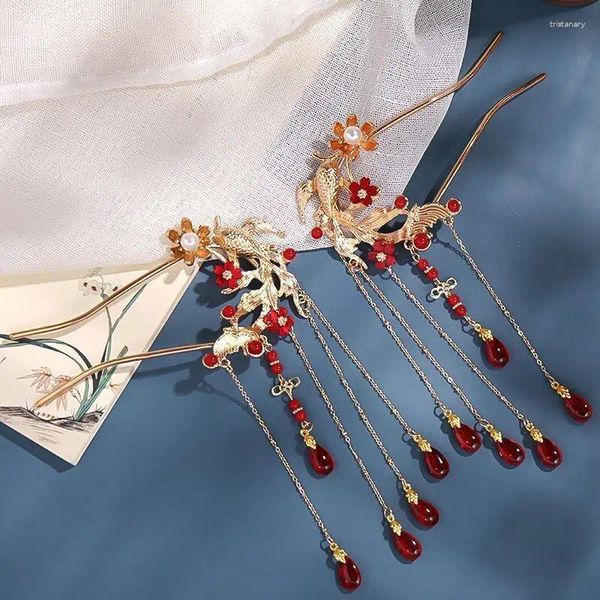 Clips à cheveux Golden Hairpin Carp en forme de bâton chinois Choiscstick vintage Red Tassel