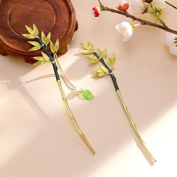 Pinzas para el cabello para mujer, palo de borla de hoja de bambú verde, Pin Vintage de aleación, accesorios elegantes de estilo chino