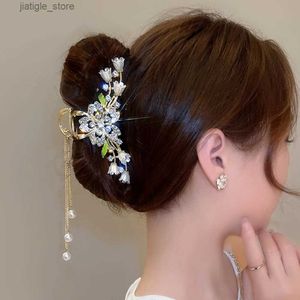 Haarclips Haimeikang Rhinestone Tassel Hair Claw Golden Bow Flower Hair Clip Haarspeld voor vrouwen elegan paardenstaart mode haaraccessoires y240327