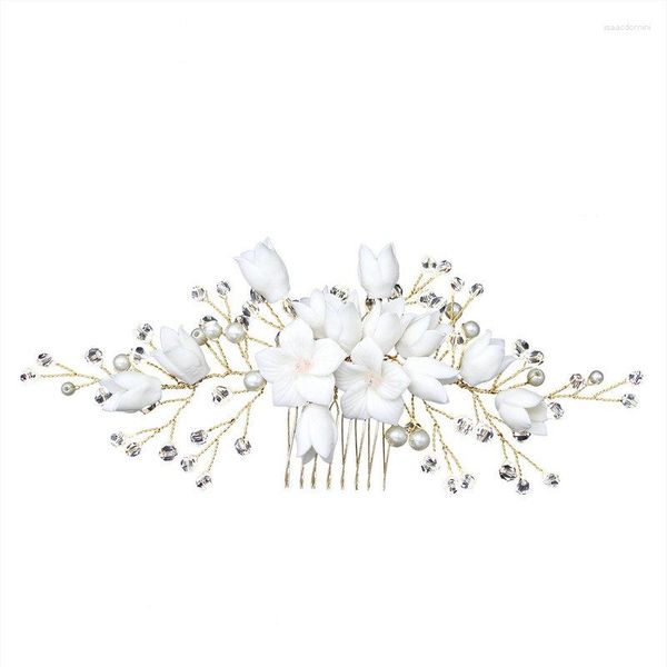 Pinces à cheveux faites à la main fleurs en céramique blanche peigne de mariée délicate perle strass accessoires de mariage femmes casque