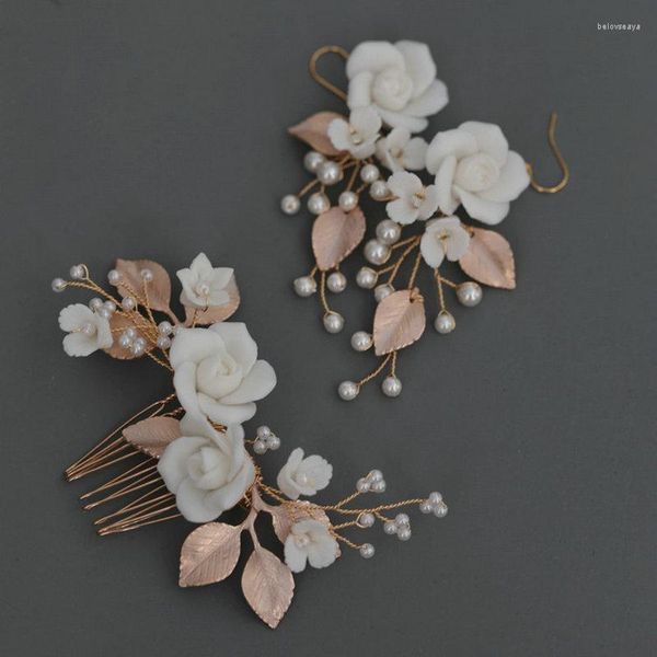 Pinzas para el cabello hechas a mano, flores de cerámica, peine nupcial, flor rosa, accesorios de boda, pendientes, joyería