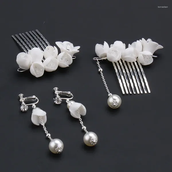 Pinces à cheveux faites à la main, ensemble de boucles d'oreilles en forme de peigne à fleurs en céramique avec pompon, pendentif en perle, accessoires de voyage pour robe de mariée