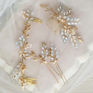 Haarspeldjes Handgemaakte Opaal Kristallen Bruidskammen Goudkleurig Blad Hoofddeksel Parel Dames Bruiloft Accessoires Bruidsmeisje Sieraden