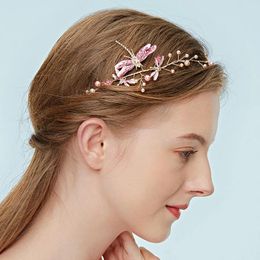 Haarclips Handgemaakte roze Dragonfly -kopstuk Parels Bruiloft Hoofdband Boho Bridal Jewelry For Girls Women Band