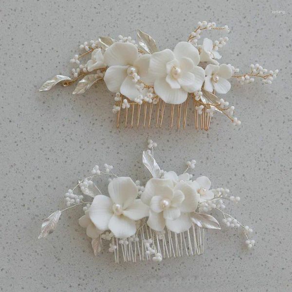 Pinces à cheveux faites à la main, peigne à fleurs en céramique blanche pour mariée, couleur or exquise, perle, accessoires diadème de mariage, bijoux de bal