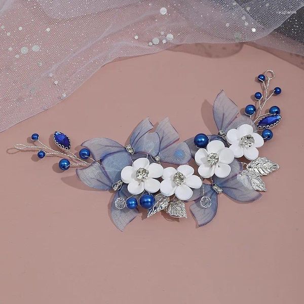 Pinzas para el cabello hechas a mano, horquillas de flores blancas, diseños laterales de mariposas azules, joyería con flecos de estilo chino, tocado de fiesta para mujeres y niñas