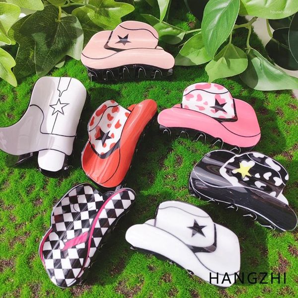 Clips para el cabello HANGZHI Creative Star Cowboy Hat Shark Claw Color Botas para mujeres Chica 2024 Accesorios de cola de caballo de moda