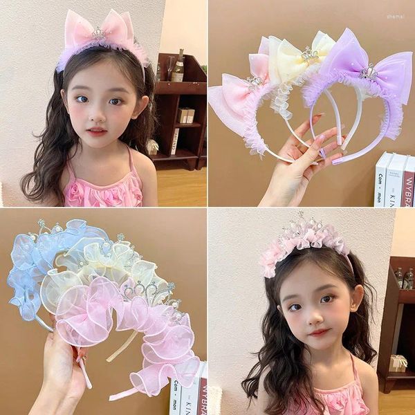 Pinzas para el cabello, diademas para niños y niñas, diademas de princesa, corona de cristal, lazo de malla, nudo de flor, accesorios para niños, venta al por mayor hecha a mano coreana