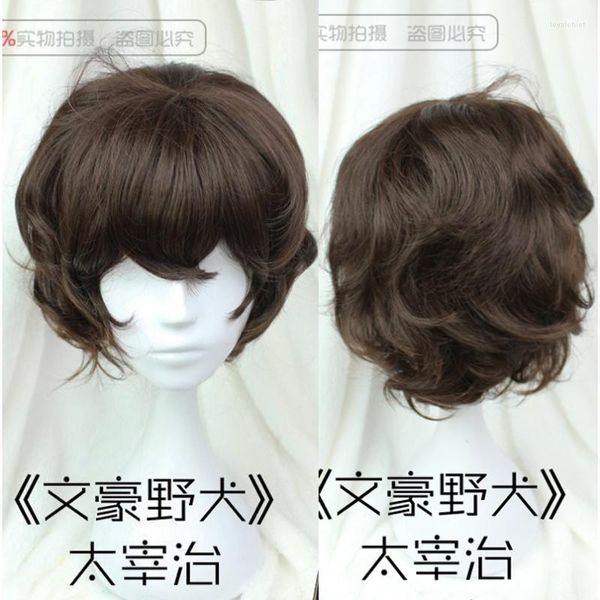 Pinzas para el cabello de alta calidad, peluca de Anime Bungo Stray Dogs, Osamu Dazai, resistente al calor, gorros de Cosplay sintéticos rizados cortos y marrones