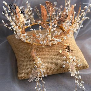 Pinces à cheveux de haute qualité à la main en alliage de perles couronne de feuilles avec ensemble de boucles d'oreilles bijoux de diadème de mariée Tocado Novia coiffure de fête de bal