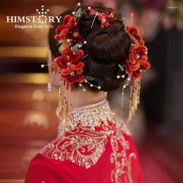 Coiffes Himstory Chinois Red Artificial Velvet Fleur Costume ancien Hanfu Accessoires Retro Wedding Bride Xiuhe Head Jewelries