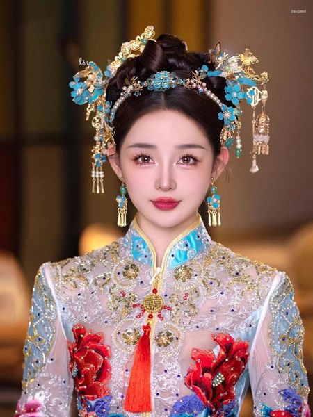 Coiffes Himstory Elegance Chinese Hanfu Accessoires Blue Flower Hair Hair Vintage Girls Xiuhe bijoux