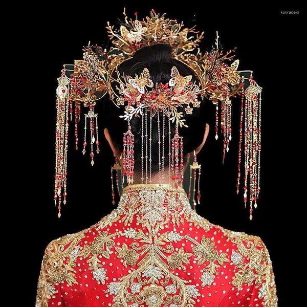 Pinces à cheveux Himstory luxe chinois mariage mariée couronnes perle perlée fleur papillon bandeau casque gland accessoires