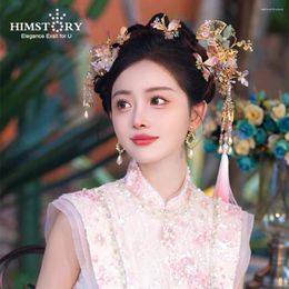 Coiffes HimStory Vintage chinois rose liquide fleur épingle à cheveux Hanfu Vêtements de cheveux traditionnels Robe de mariée accessoires de mariage