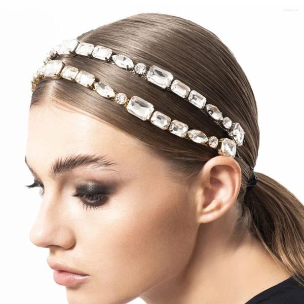 Clips para el cabello para mujer, diadema Flexible con gema cuadrada de doble capa con diamantes de imitación, cadena, joyería para mujer, tocado nupcial de cristal de lujo