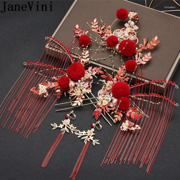 Pinzas para el cabello JaneVini tradicional China novia tocado de boda conjunto Xiuhe Hanfu rojo con cuentas palitos nupciales pendientes de horquilla 2023