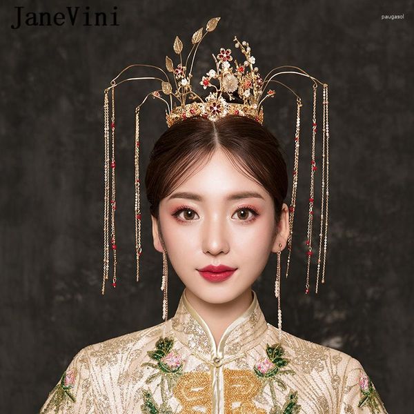 Pinces à cheveux JaneVini Vintage Style chinois couronnes de mariée avec boucles d'oreilles coiffure de mariage ancienne longue tête de gland mariées bijoux accessoires