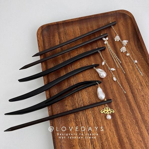 Pinzas para el cabello, horquilla con borlas de orquídeas y lirios antiguas y elegantes de Japón y Corea del Sur, bola de perlas de madera negra