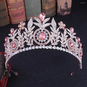 Haarspeldjes KMVEXO Barok Blad Rose Roze Kristal Prinses Bruidskronen Voor Vrouwen Bloemen Edele Grote Tiara Bruiloft Sieraden Accessoires