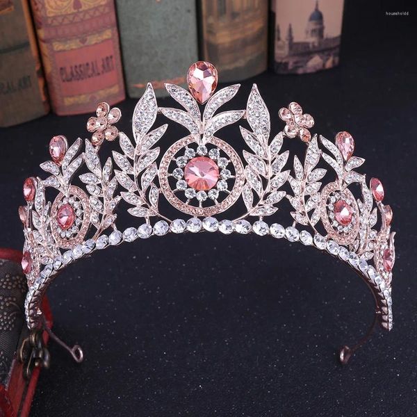 Pinzas para el cabello KMVEXO Hoja barroca Rosa Rosa Cristal Princesa Coronas nupciales para mujeres Flores Nobles Grandes Tiaras Accesorios de joyería de boda