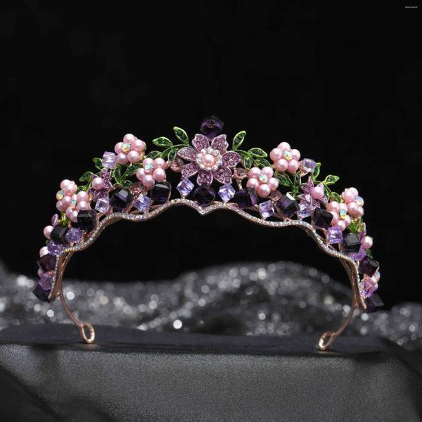 Pinzas para el cabello KMVEXO Vintage Flor de cristal púrpura Perlas rosas Coronas nupciales Rhinestone Desfile Diadema Velo Tiaras Accesorios de boda