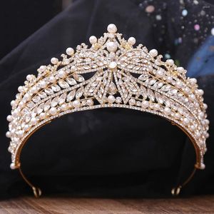 Pinzas para el cabello KMVEXO Tiara de boda Perla de cristal Corona nupcial Color dorado Diadema Velo Tiaras Accesorios Tocados