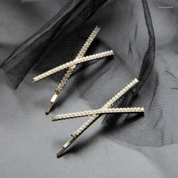 Pinces à cheveux en forme de croix coréenne, avec perles et strass, avec côté Simple et frange sur le dessus, pour un accessoire élégant pour fille