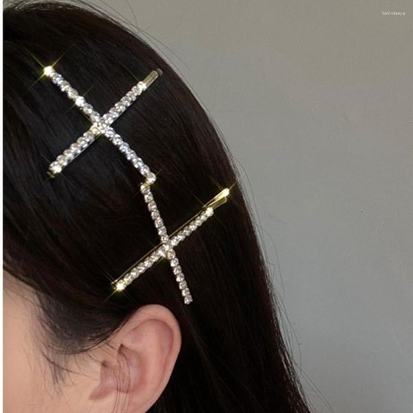 Pinces à cheveux coréen brillant strass grande croix côté pince chapeaux pour femmes luxe cristal Barrette broche accessoires