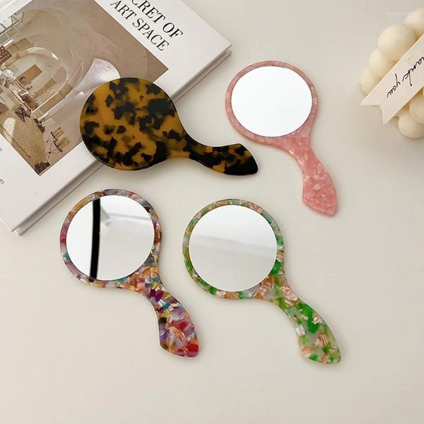 Pinces à cheveux coréennes en écaille de tortue pour femmes, miroir géométrique, maquillage Portable, petit rond avec poignée, tenu à la main