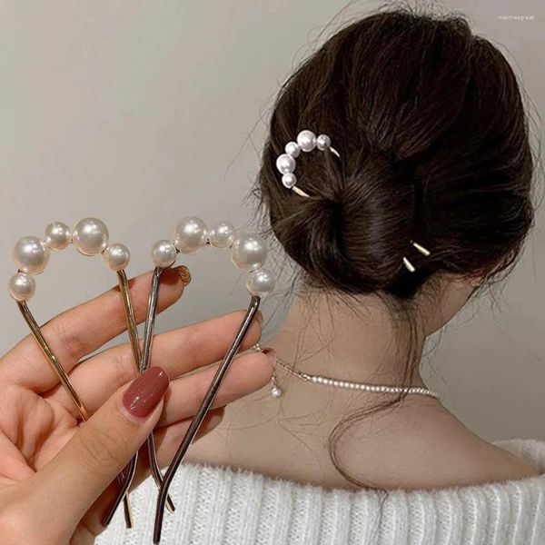Pinzas para el cabello coreanas en forma de U, horquillas con perlas, alfileres simples de Clip de concha de Metal, palos para mujeres y niñas, accesorios de estilismo para hacer moños