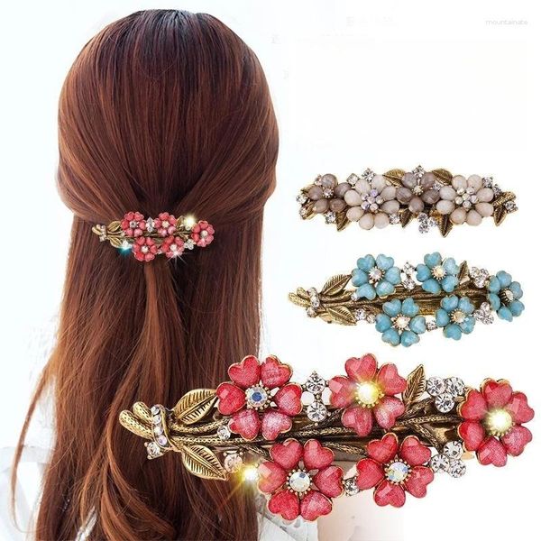 Pinzas para el cabello versión coreana, flor roja vino, Clip de primavera, diamantes de imitación, temperamento superior Horizontal, accesorio de moda para mamá