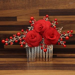 Pinces à cheveux grand cristal femmes accessoires de mariée rouge Rose fleur feuille perle mariage peigne pince épingle à cheveux pour mariée demoiselle d'honneur