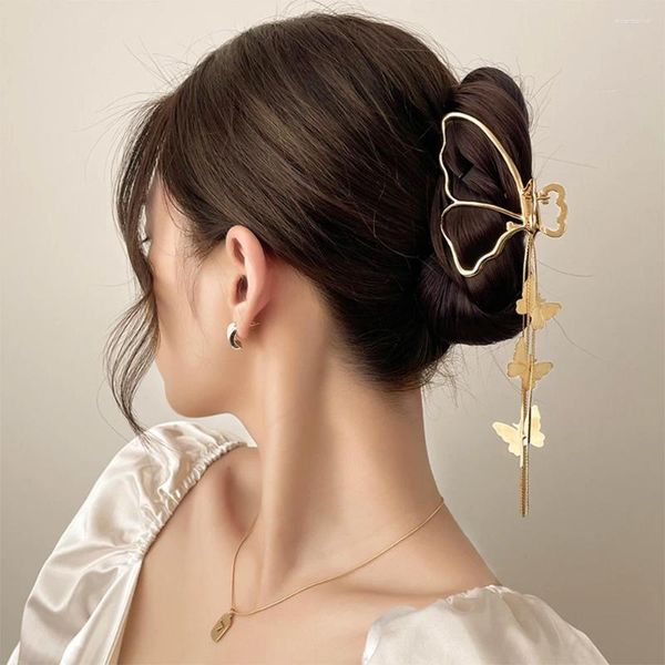 Pinzas para el cabello para mujer y niña, garra de Metal hueca grande con borla, Color dorado geométrico coreano, accesorios para la cabeza, joyería
