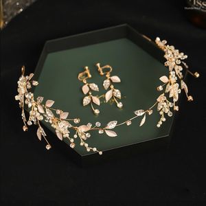 Haarclips blad kristallen hoofdband oorrang set modetrend gouden tiaras bruid bruiloft accessoires voor vrouwen bruidsmeisje sieraden geschenken