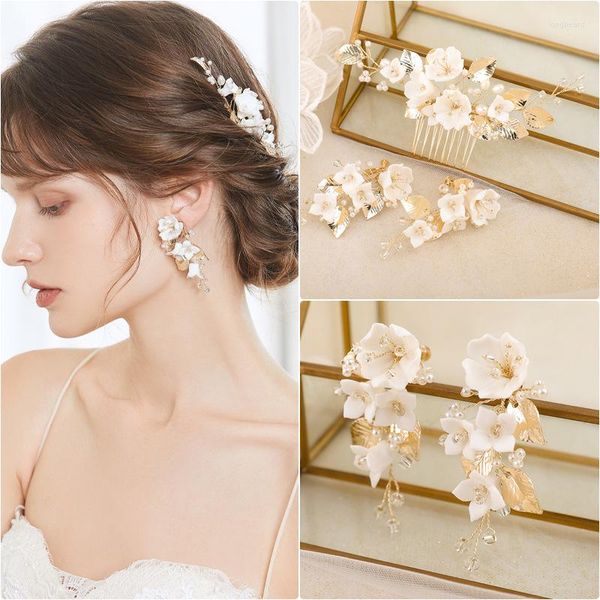 Pinces à cheveux couleur or clair peigne à fleurs en céramique avec perles de Millet feuille d'alliage exquis ensemble de boucles d'oreilles de mariage à la main