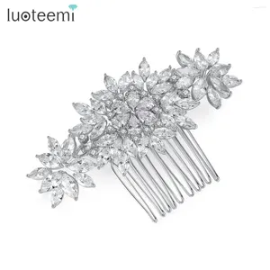 Pinces à cheveux LUOTEEMI luxe mariage CZ peigne grande fleur de cristal cubique zircone épingle de mariée accessoires bijoux femmes élégantes