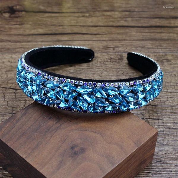 Clips de cabello Luxury Blue Rode Full Crystal Stone Bands Hairbands Hadmed Diamante Velvet Diadema para mujeres Accesorios encantadores