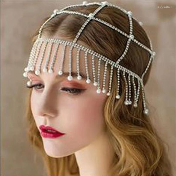 Pinzas para el cabello de lujo para novia, sombrero de cristal con perlas, diademas hechas a mano, decoración de cadena para la cabeza, accesorios de joyería para fiesta y Club nocturno de boda