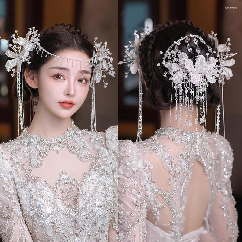 Hårklipp lyxiga kronan vit kristall tiara handgjorda pannband pärlor lång tofs prydnad brud bröllop klänning tillbehör