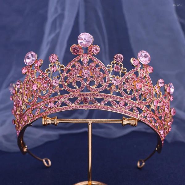 Pinzas para el cabello de lujo con diamantes de imitación rosas, Tiaras nupciales, corona, cristal barroco, desfile de graduación, diademas para novia, accesorios de joyería de boda