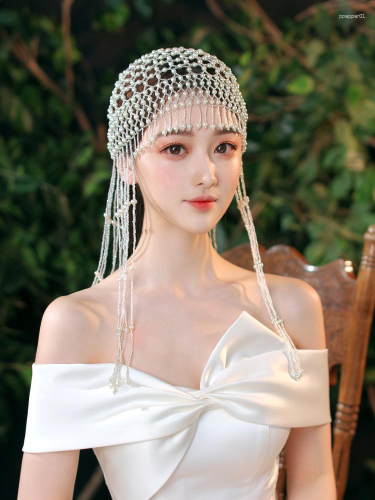 Hårklipp mesh Fashion Imitation Pearl Beaded pannband för kvinnor tofs hårband tillbehör brud juvelr tiara huvudbonad