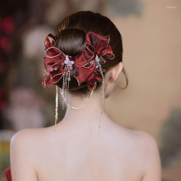 Pinzas para el cabello estilo nacional nupcial chino vino rojo mariposa Clip Mori serie Hada belleza borla Accesorios