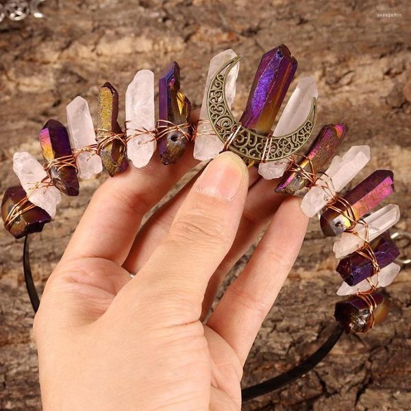 Pinces à cheveux cristal naturel diadèmes faits à la main Bronze antique couronne de lune deux couleurs Festival Cosplay accessoires femmes cadeaux