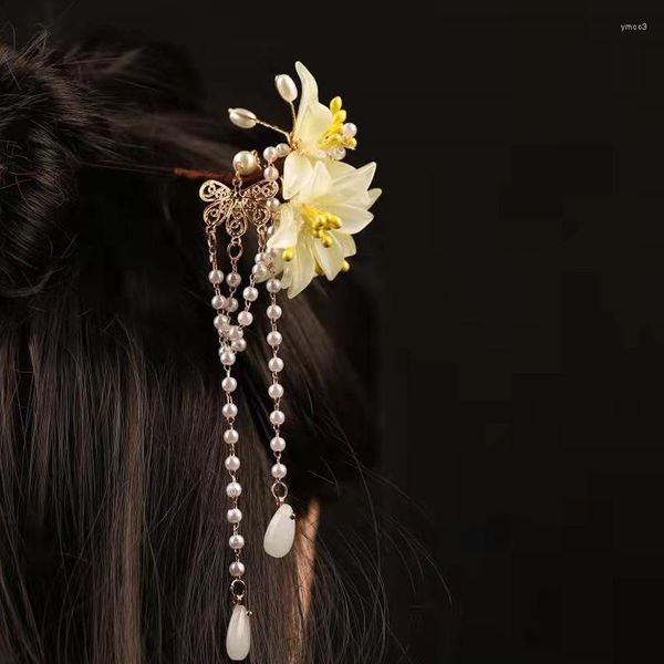 Pinzas para el cabello Flor de pera Hanfu Tocado Estilo retro Horquilla fresca Accesorios de rendimiento Paso Tassel Hiar Stick para mujeres