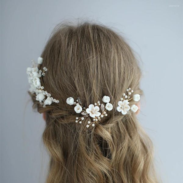 Pinzas para el cabello con cuentas de perlas y flores, conjunto de peineta nupcial hecho a mano, alfileres de flores de arcilla, joyería de boda