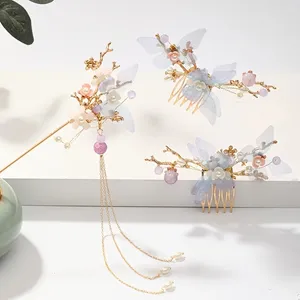 Haarclips Pearl Butterfly Flower Hairpin Hoofdband voor vrouwen Bruid Chinese stijl Hanfu Wedding Bridal Accessoires Sieraden Pin Band Set