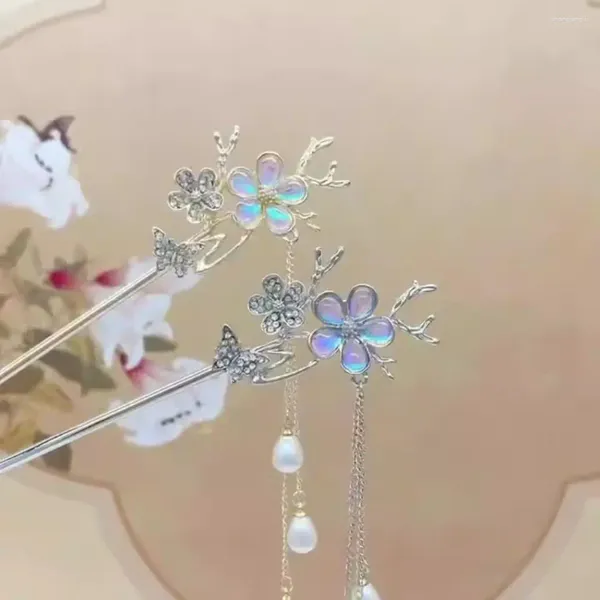 Pinzas para el cabello, borla de perlas, flor, palo de diamantes de imitación, sombreros Hanfu, palos de estilo antiguo para aleación larga china