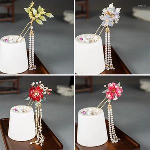 Haarclips Pearl Tassel Hairspin Chinese stok voor vrouwen U-vormige rode bloemen gesp tiaras Vintage Hanfu Headress Bun sieraden