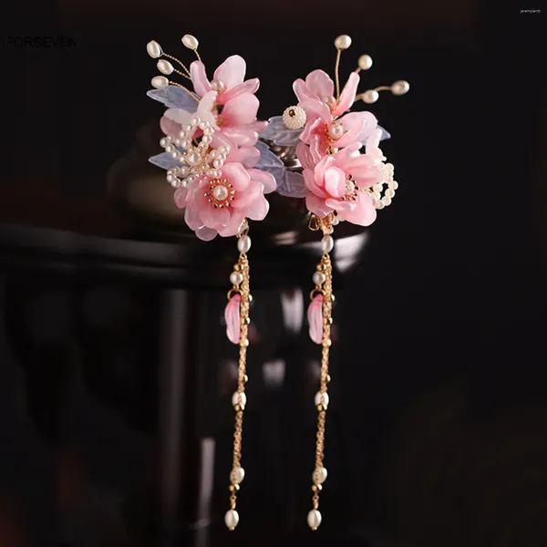 Pinces à cheveux à fleurs roses, épingles à cheveux, Style chinois ancien, couvre-chef Floral, perles, robe Hanfu, bijoux papillon pour femmes